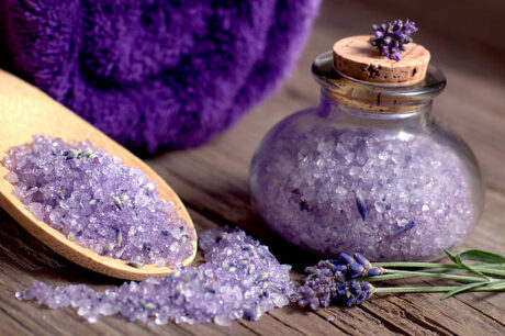 Spa still life with lavender bath salt and towel